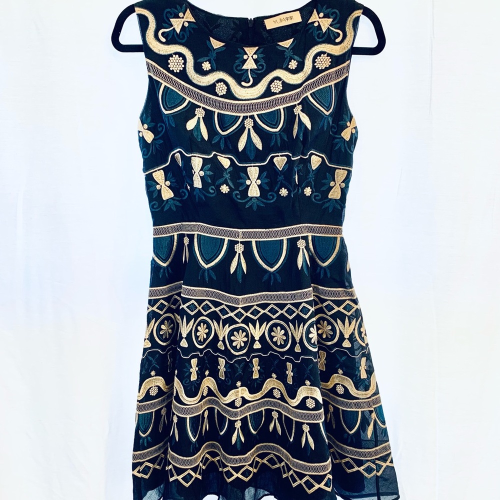 Embroidered Navy A-line Dress